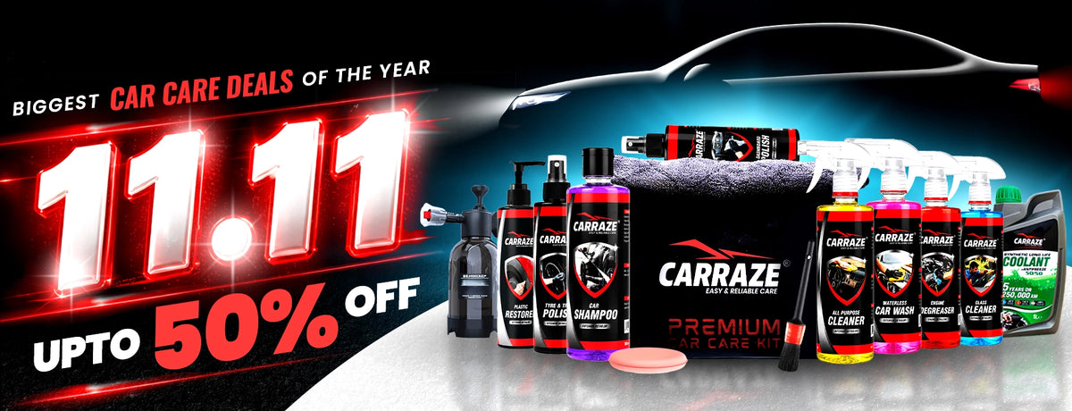 Carraze 11.11 Sale banner with up to 50% off on car care products, cleaning kits, and car accessories