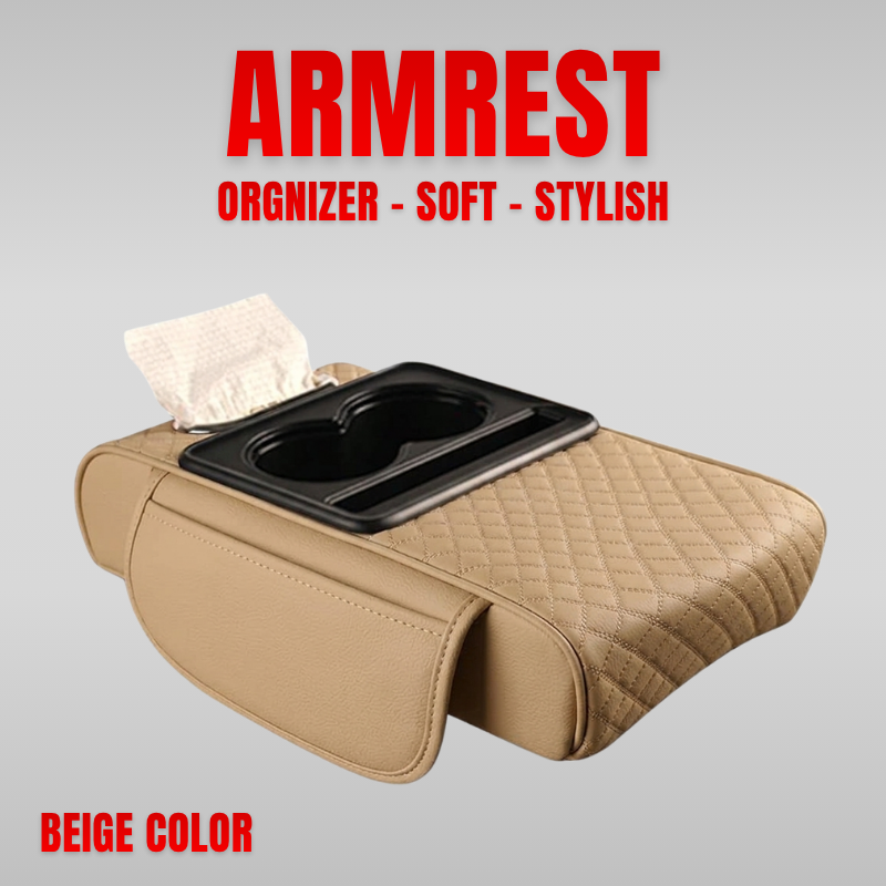 Console Armrest Cushion with Tissue Box And Cup Holder - Beige