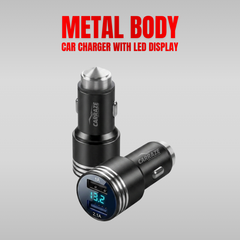 Metal Body Car Charger With LED Display | Safety Hammer
