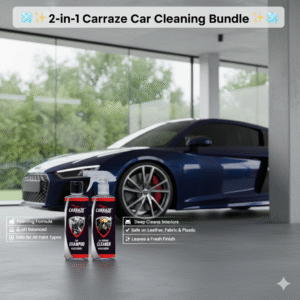 Carraze 2-in-1 Car Cleaning Bundle featuring Car Shampoo and All Purpose Cleaner, prominently displayed in a modern garage with a luxurious blue Audi sports car in the background. The image highlights the benefits: 'Foaming Formula,' 'pH Balanced,' 'Safe for All Paint Types' for the shampoo, and 'Deep Cleans Interiors,' 'Safe on Leather, Fabric & Plastic,' 'Leaves a Fresh Finish' for the APC, appealing to car detailing enthusiasts seeking premium car care products.