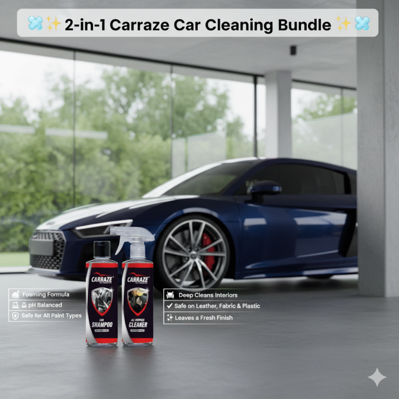 Carraze 2-in-1 Car Cleaning Bundle featuring Car Shampoo and All Purpose Cleaner, prominently displayed in a modern garage with a luxurious blue Audi sports car in the background. The image highlights the benefits: 'Foaming Formula,' 'pH Balanced,' 'Safe for All Paint Types' for the shampoo, and 'Deep Cleans Interiors,' 'Safe on Leather, Fabric & Plastic,' 'Leaves a Fresh Finish' for the APC, appealing to car detailing enthusiasts seeking premium car care products.