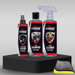 Carraze Exterior Bundle – Tyre & Trim Polish, Glass Cleaner, Car Shampoo, and Waterless Car Wash for complete exterior care