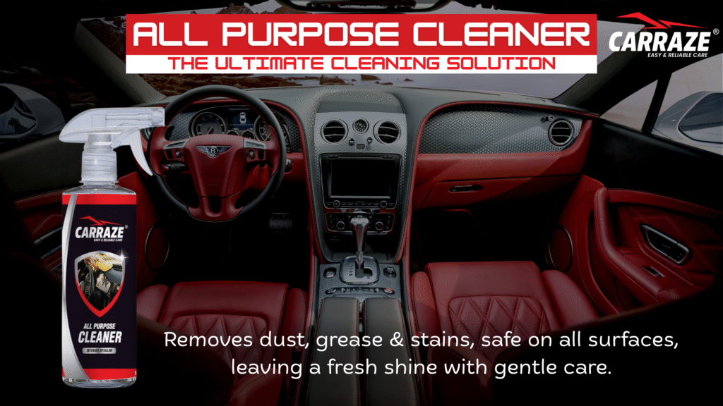 Carraze All Purpose Cleaner being sprayed on a car’s interior surface to remove stains and dirt