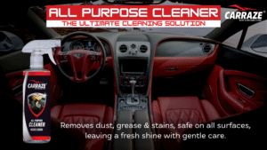 Carraze All Purpose Cleaner being sprayed on a car’s interior surface to remove stains and dirt