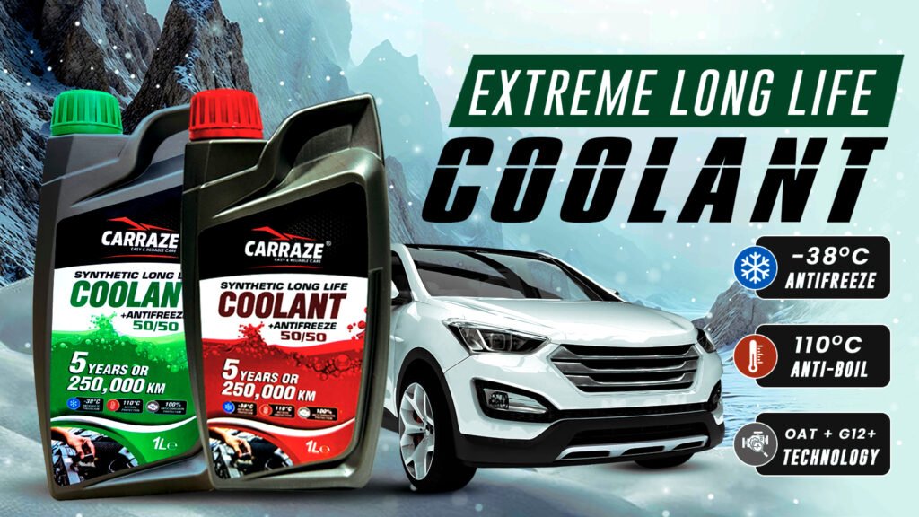 Carraze synthetic long life coolant bottles with car in snowy mountain background, antifreeze protection up to -38°C and anti-boil up to 110°C