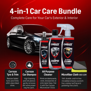 Premium Carraze 4-in-1 Car Care Bundle with Tyre Polish, Car Shampoo, All-Purpose Cleaner & Microfiber Cloth – Shiny Black Car on Red Gradient Background