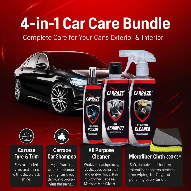Premium Carraze 4-in-1 Car Care Bundle with Tyre Polish, Car Shampoo, All-Purpose Cleaner & Microfiber Cloth – Shiny Black Car on Red Gradient Background