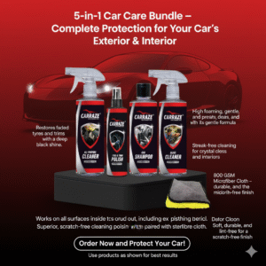 Carraze 5-in-1 Car Care Bundle featuring Tyre & Trim Polish, Car Shampoo, All Purpose Cleaner, Glass Cleaner, and a high-quality 800 GSM Microfiber Cloth for complete car interior and exterior cleaning. The products are placed in front of a shiny red car, with a red-to-black gradient background.