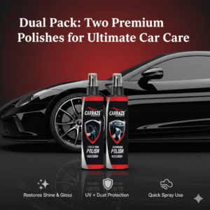 A premium promotional image for the Carraze Dual Pack featuring 'Carraze Tyre & Trim Polish' and 'Carraze Dashboard Polish' spray bottles. The bottles are centered on a red and black gradient background, with a glossy black car in the background showing a polished tire and a clean dashboard. The image highlights the product's ability to restore shine, provide UV and dust protection, and its quick spray-and-use application.