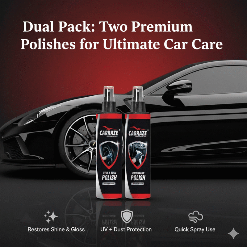 A premium promotional image for the Carraze Dual Pack featuring 'Carraze Tyre & Trim Polish' and 'Carraze Dashboard Polish' spray bottles. The bottles are centered on a red and black gradient background, with a glossy black car in the background showing a polished tire and a clean dashboard. The image highlights the product's ability to restore shine, provide UV and dust protection, and its quick spray-and-use application.