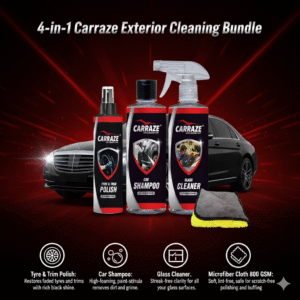 A premium product banner showcasing the 4-in-1 Carraze Exterior Cleaning Bundle against a sleek red and black background. The image features three car care products—Tyre & Trim Polish, Car Shampoo, and Glass Cleaner—positioned in the center, with a gray and yellow Microfiber Cloth placed in front. A luxury black sedan is visible in the blurred background. Below the products are four icons with descriptive text: a car tire for the polish, bubbles for the shampoo, a window for the glass cleaner, and a microfiber cloth for its key features.
