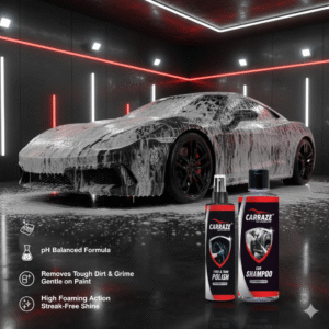 A luxurious, sporty red car is being professionally cleaned in a detailing studio. The car is covered in a thick, rich white foam from Carraze Car Shampoo. The tires, polished to a deep black, glossy finish with Carraze Tyre & Trim Polish, reflect the sleek studio lighting. The image, with a striking red and black color theme, features overlaid icons and text highlighting the product's key benefits: pH balanced, removes tough dirt and grime, gentle on paint, high foaming action, and a streak-free shine. The scene emphasizes a premium car care and auto detailing experience.