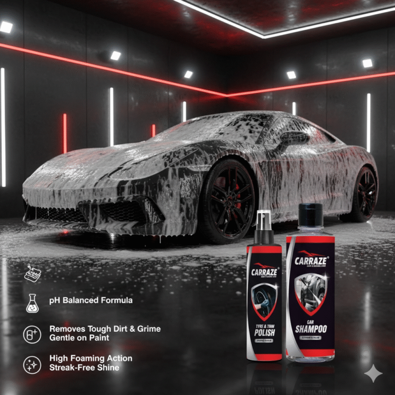 A luxurious, sporty red car is being professionally cleaned in a detailing studio. The car is covered in a thick, rich white foam from Carraze Car Shampoo. The tires, polished to a deep black, glossy finish with Carraze Tyre & Trim Polish, reflect the sleek studio lighting. The image, with a striking red and black color theme, features overlaid icons and text highlighting the product's key benefits: pH balanced, removes tough dirt and grime, gentle on paint, high foaming action, and a streak-free shine. The scene emphasizes a premium car care and auto detailing experience.