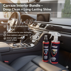 A luxurious car interior featuring 'CARRAZE All Purpose Cleaner' and 'CARRAZE Dashboard Polish' bottles on the center console, highlighting a clean, glossy finish with text overlay 'Carraze Interior Bundle – Deep Clean + Long-Lasting Shine' and bullet points of product benefits.