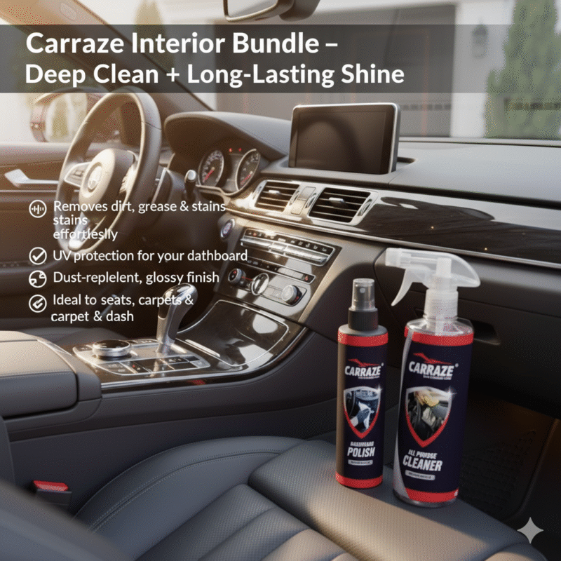 A luxurious car interior featuring 'CARRAZE All Purpose Cleaner' and 'CARRAZE Dashboard Polish' bottles on the center console, highlighting a clean, glossy finish with text overlay 'Carraze Interior Bundle – Deep Clean + Long-Lasting Shine' and bullet points of product benefits.