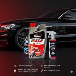 Carraze Red Radiator Coolant and Engine Degreaser Dual Pack – OAT G12+ long-life coolant with 2.5 lac km protection and powerful degreaser for car engine cleaning, red and black premium automotive design