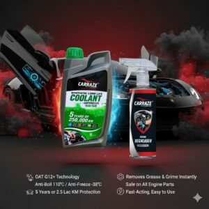 Carraze Green Coolant and Engine Degreaser dual pack, OAT long-life coolant with anti-freeze and anti-boil protection plus powerful engine degreaser for grease removal