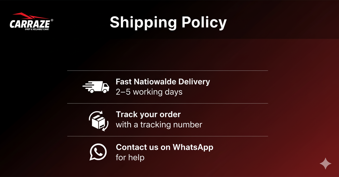 Carraze Shipping Policy – fast and free nationwide delivery of car care products across Pakistan