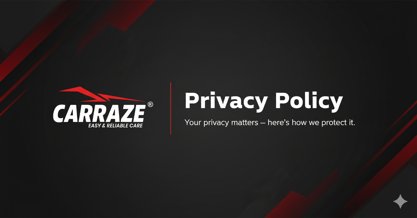 Privacy policy banner detailing how Carraze protects user data and privacy