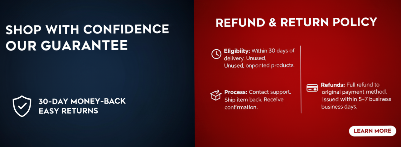A banner for an e-commerce website's Refund and Return Policy. The banner is split into two halves: the left side is a deep blue and features a shield icon with a checkmark and the text 