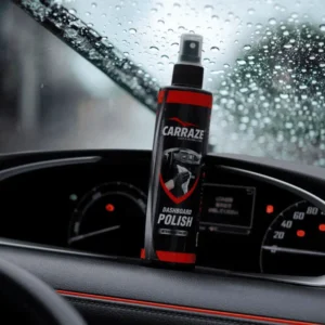 Clean car dashboard after applying Carraze Dashboard Polish showing glossy shine and UV-protected surface