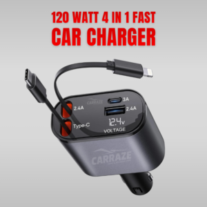 120W 4 in 1 fast car charger with retractable Lightning and Type-C cables for fast mobile charging in car