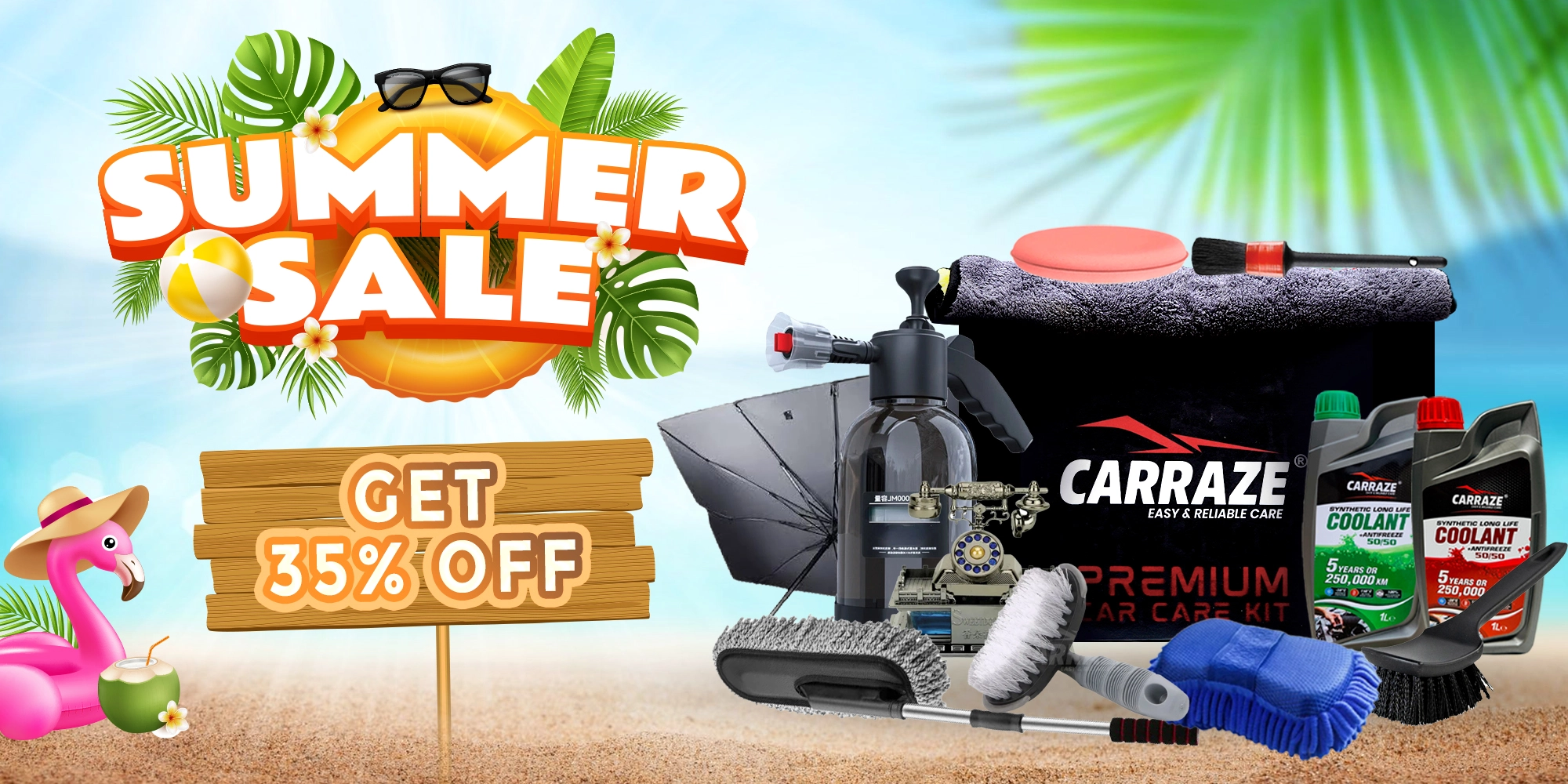 Summer sale banner showing up to 35% discount on car accessories, bundles, coolant and car care kits by Carraze