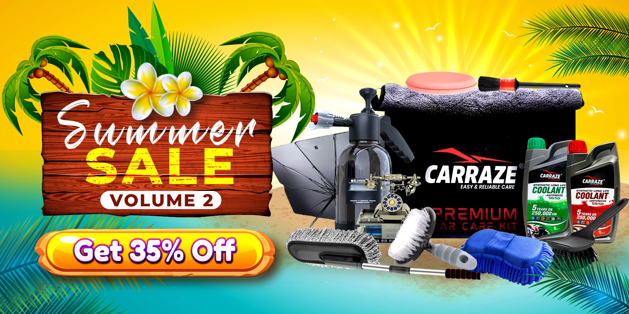 Carraze Summer Sale Volume 2 banner offering up to 35% off on premium car care, detailing, cleaning, polishing, and maintenance products